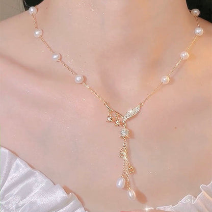 Gold Sterling Silver Overgild Pearl Zircon Bell Orchid Tassel Pendant Necklace