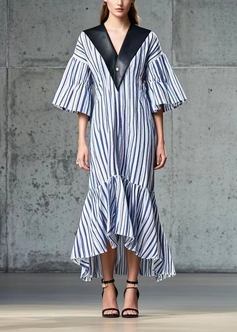 French Blue Striped Patchwork Pu Cotton Long Dress Summer