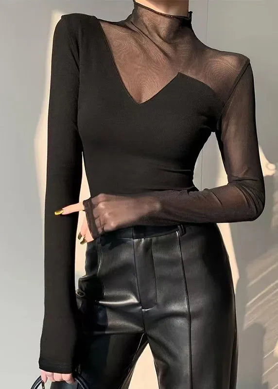 Black Asymmetrical Patchwork Hollow Out Tops Spring