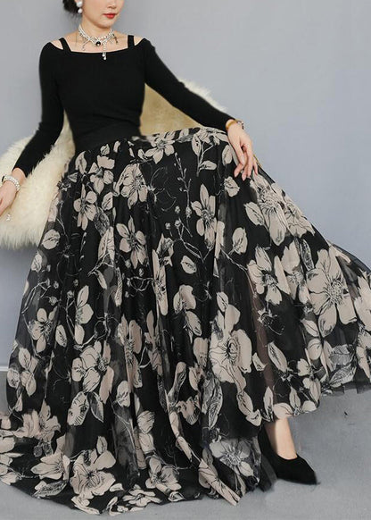 Black Print Exra Large Hem Chiffon Skirts Spring