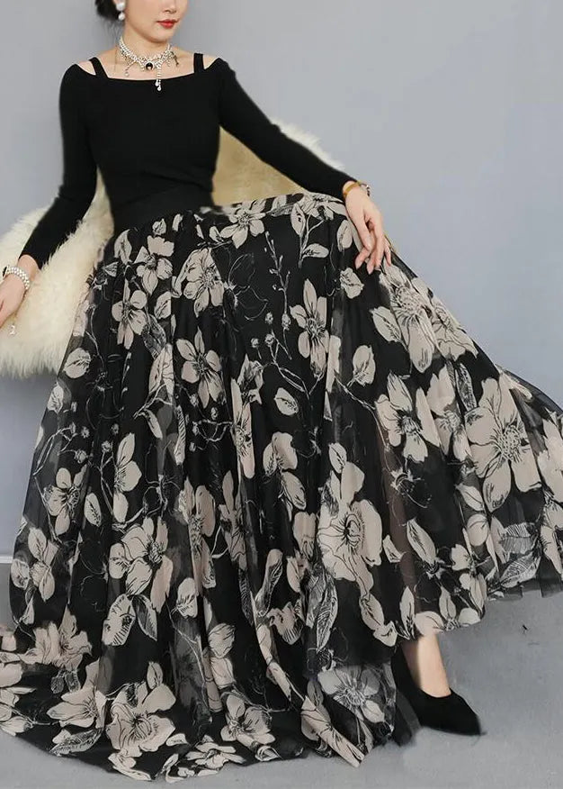 Black Print Exra Large Hem Chiffon Skirts Spring