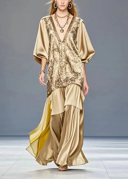 Golden V Neck Patchwork Print Silk Dress Summer