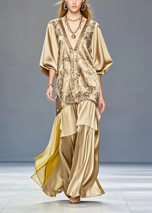 Golden V Neck Patchwork Print Silk Dress Summer