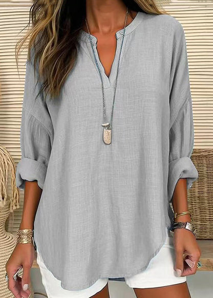 Blue V Neck Striped Cotton T Shirt Long Sleeve