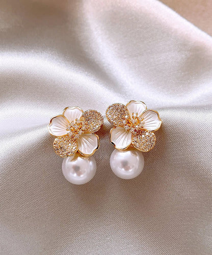 White Sterling Silver Overgild Zircon Pearl Stud Earrings