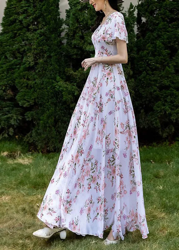 French Style Pink Square Collar Print Chiffon Dresses Summer