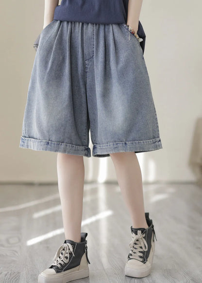 Light Blue Pockets Patchwork Cotton Denim Shorts
