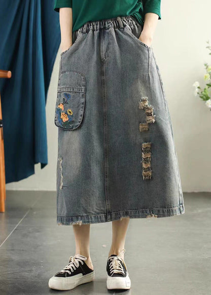 Light Blue Embroidered Patchwork Cotton Long Skirt Summer