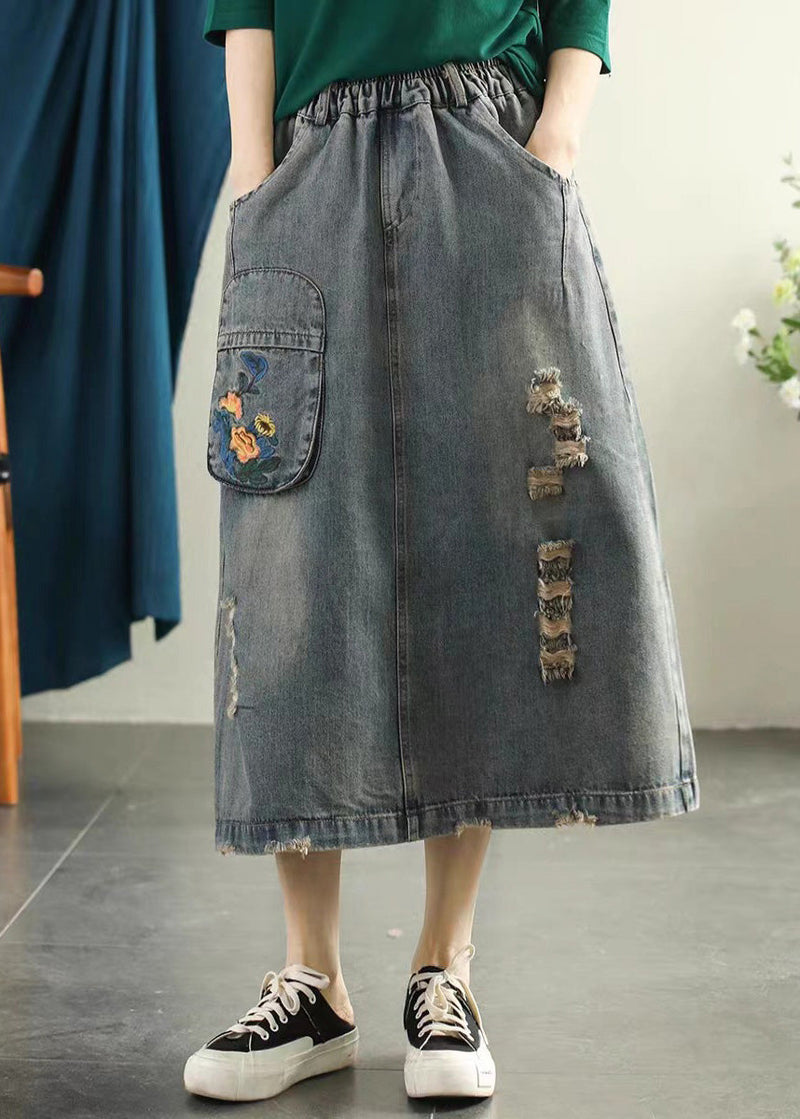 Light Blue Embroidered Patchwork Cotton Long Skirt Summer