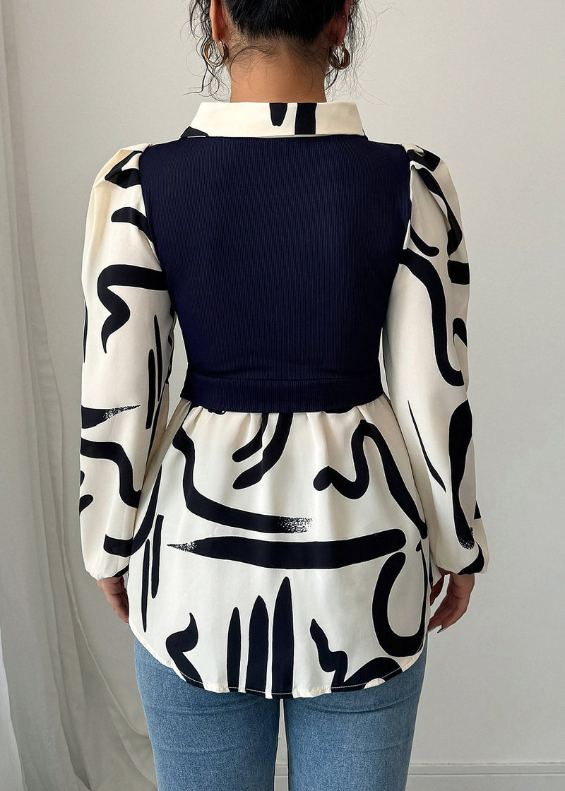 New Black Peter Pan Collar Knit Patchwork Chiffon Shirts Long Sleeve