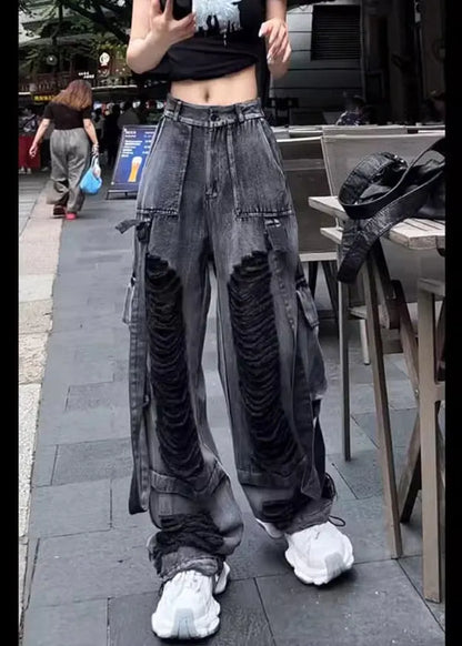 Black Pockets Ripped Denim Pants Trousers Fall