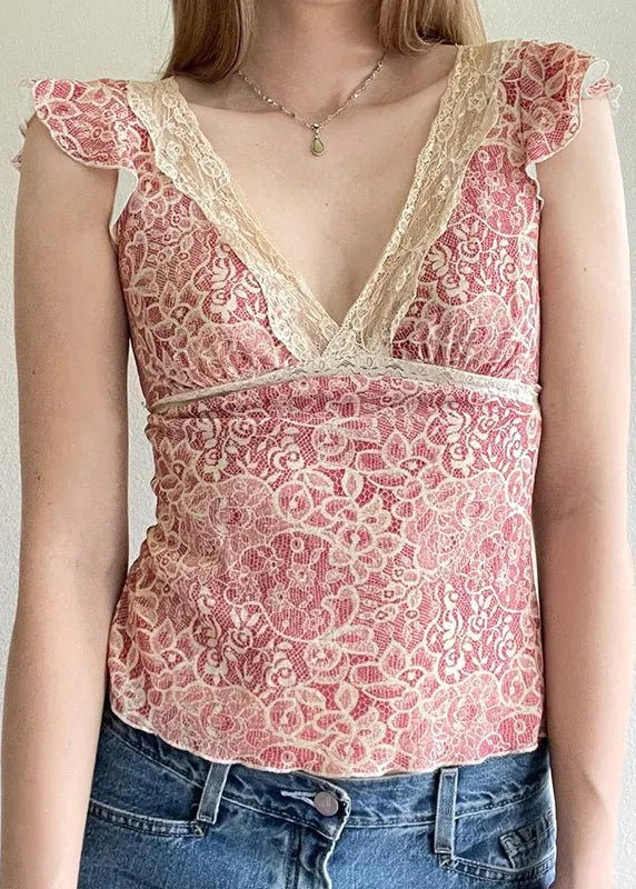 New Pink V Neck Lace Up Lace Knit Top Summer