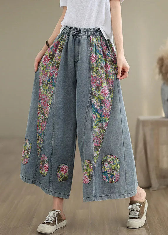 Blue Pockets Print Elastic Waist Denim Crop Wide Leg Pants Summer