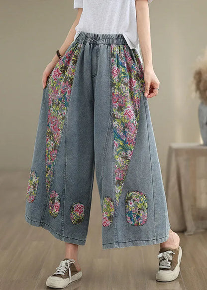 Blue Pockets Print Elastic Waist Denim Crop Wide Leg Pants Summer