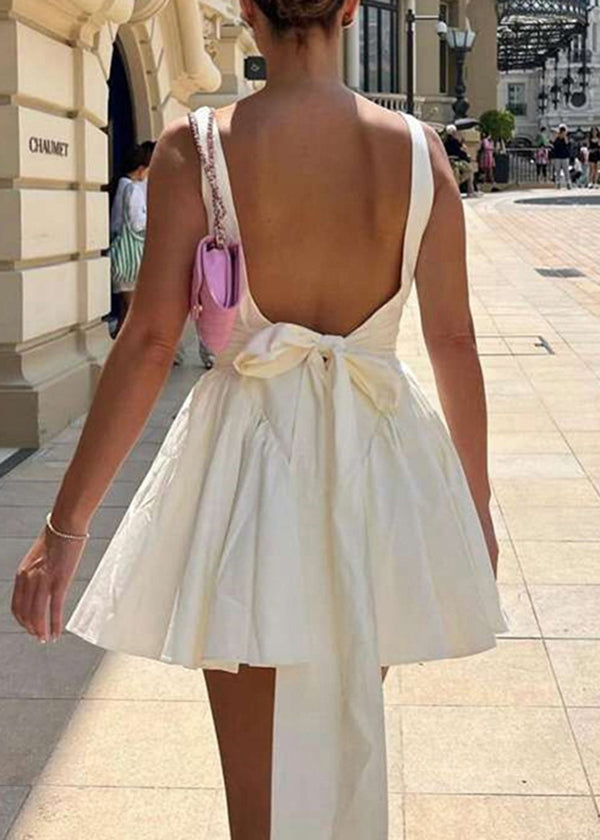 White Backless Bow Cotton Party Dress Summer