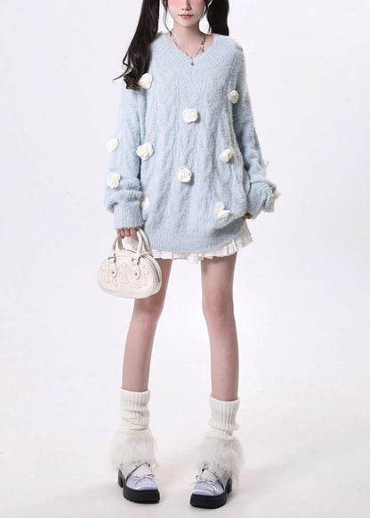 Fitted Sky Blue Cold Shoulder Knit Pullover Spring