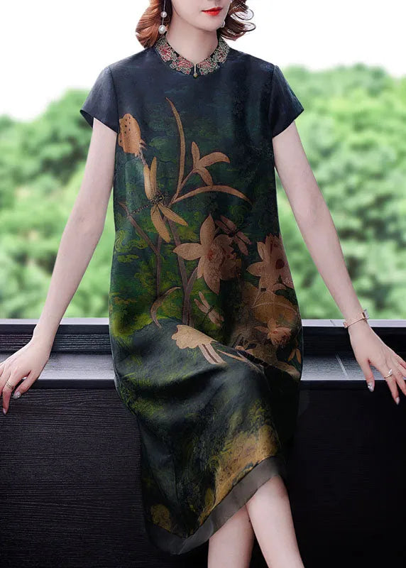 Green Print Silk Dress Embroidered Short Sleeve
