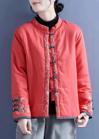 Orange Embroidered Button Cotton Filled Coats Winter