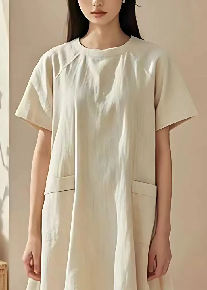Beige O Neck Pockets Cotton Mid Dresses Summer