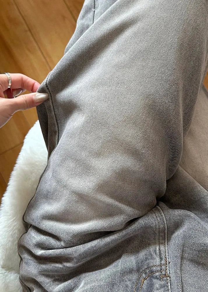 Grey Pockets High Waist Denim Wide Leg Pants Fall