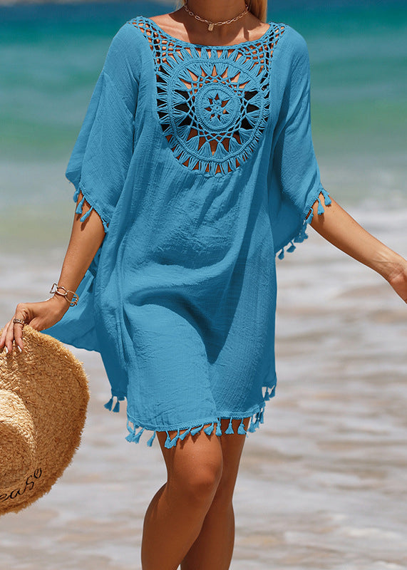 White O Neck Hollow Out Tassel Cotton Mid Dress Summer