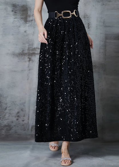 Stylish Black Sequins Cotton a Line Skirts Fall