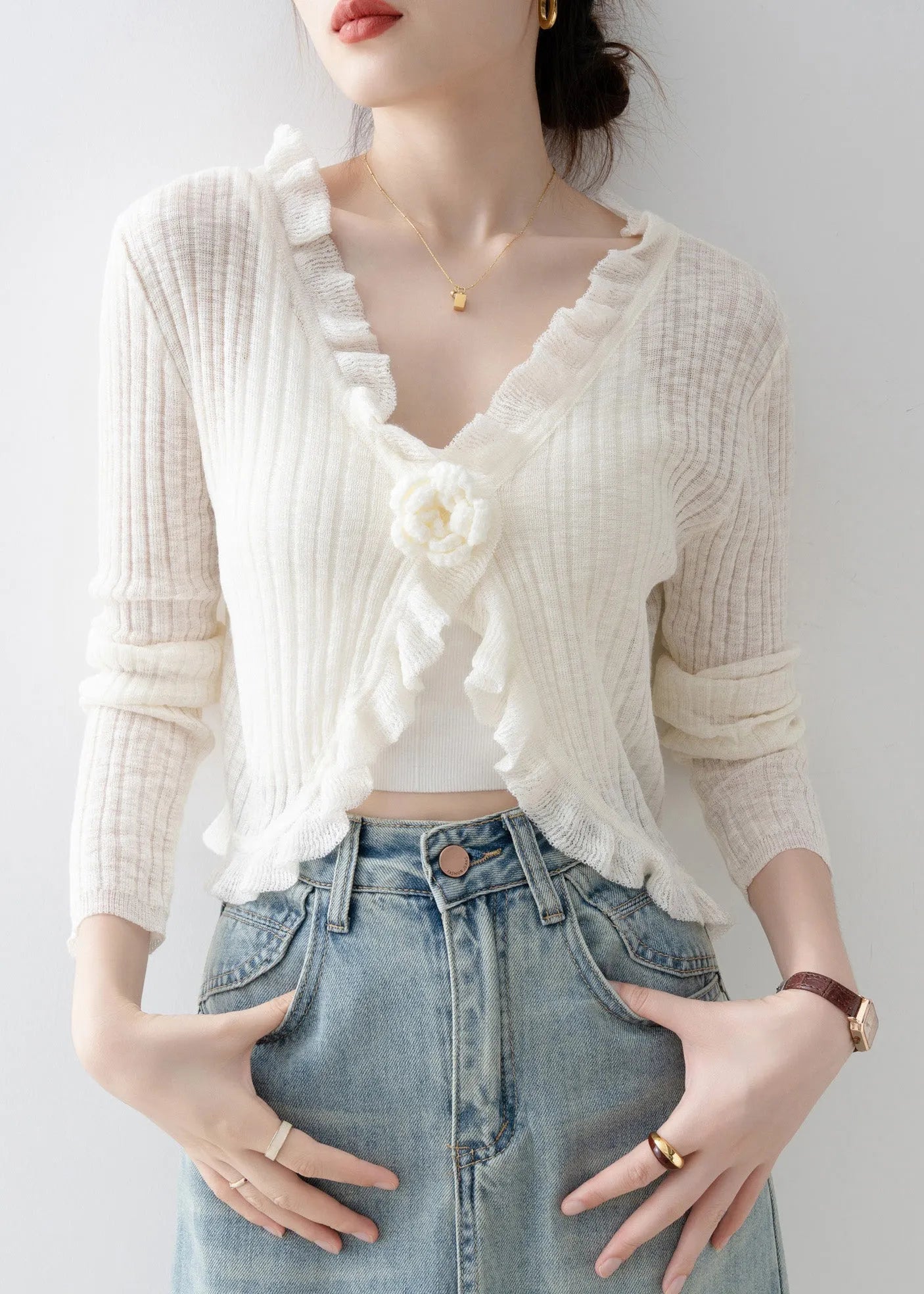 French Black V Neck Ruffled Knit Cardigan Spring