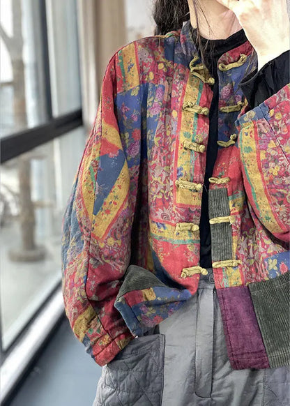 Red Pockets Button Print Fall Long Sleeve Coat