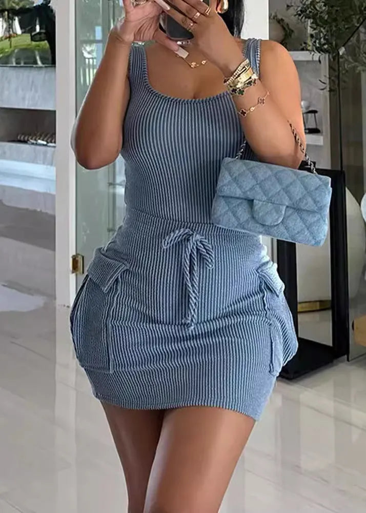 Blue O Neck Pockets Patchwork Cotton Dresses Sleeveless