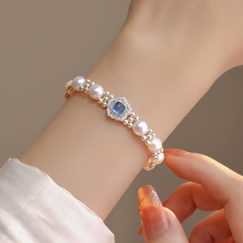Modern Blue Sterling Silver Overgild Inlaidgem Stone Pearl Chain Bracelet