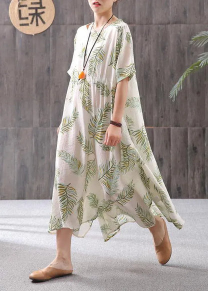 French Linen Clothes for Cotton Linen Print Round Neck Dress