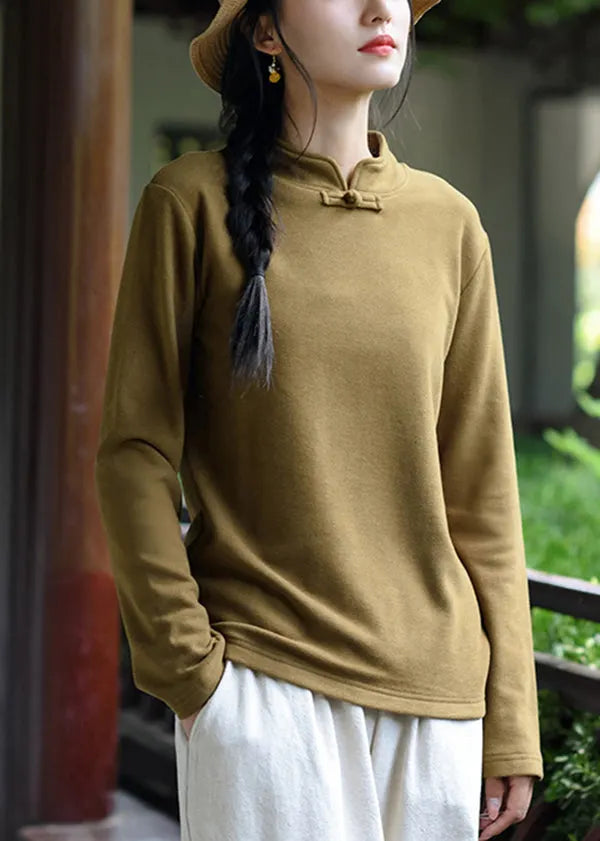 New Versatile Yellow Stand Collar Cotton T Shirt Top Spring