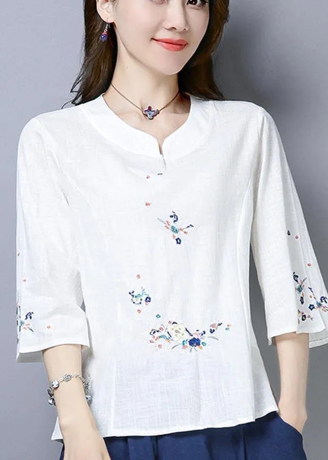 Natural Navy Embroidered Oriental Cotton Linen Shirts Summer