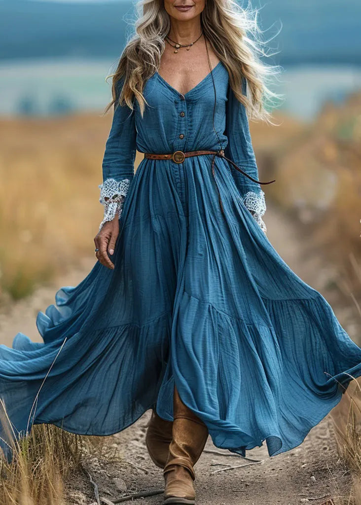 Organic Blue V Neck Lace Wrinkled Patchwork Cotton Long Dress Spring