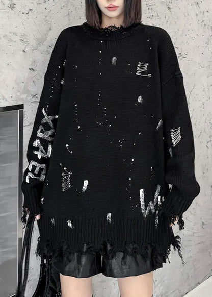 Black Graphic Hole Thick Cotton Knit Sweater Fall