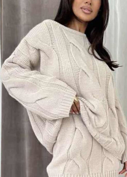 Loose Chocolate O Neck Cable Knit 2 Piece Outfit Fall
