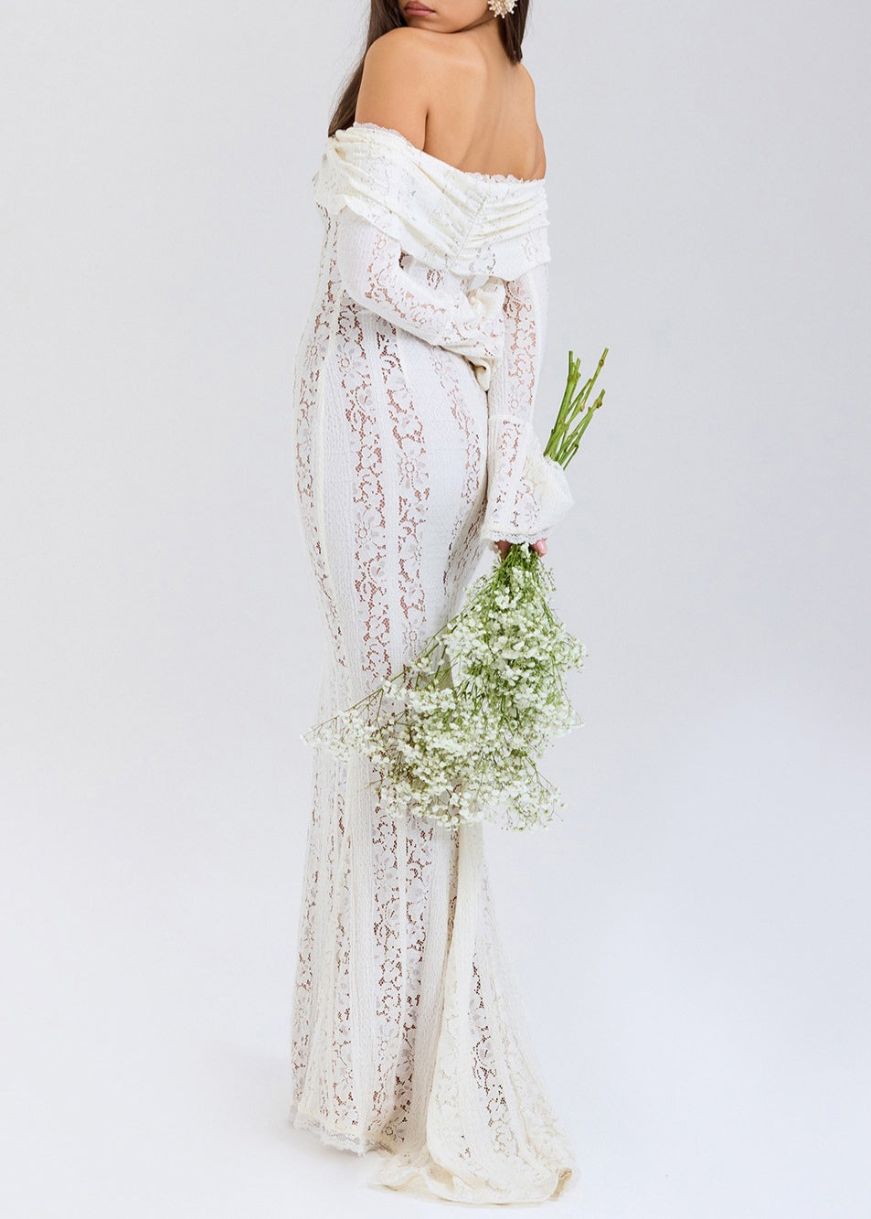 French One Neck Off Shoulder Lace Dress Flared Sleeves
