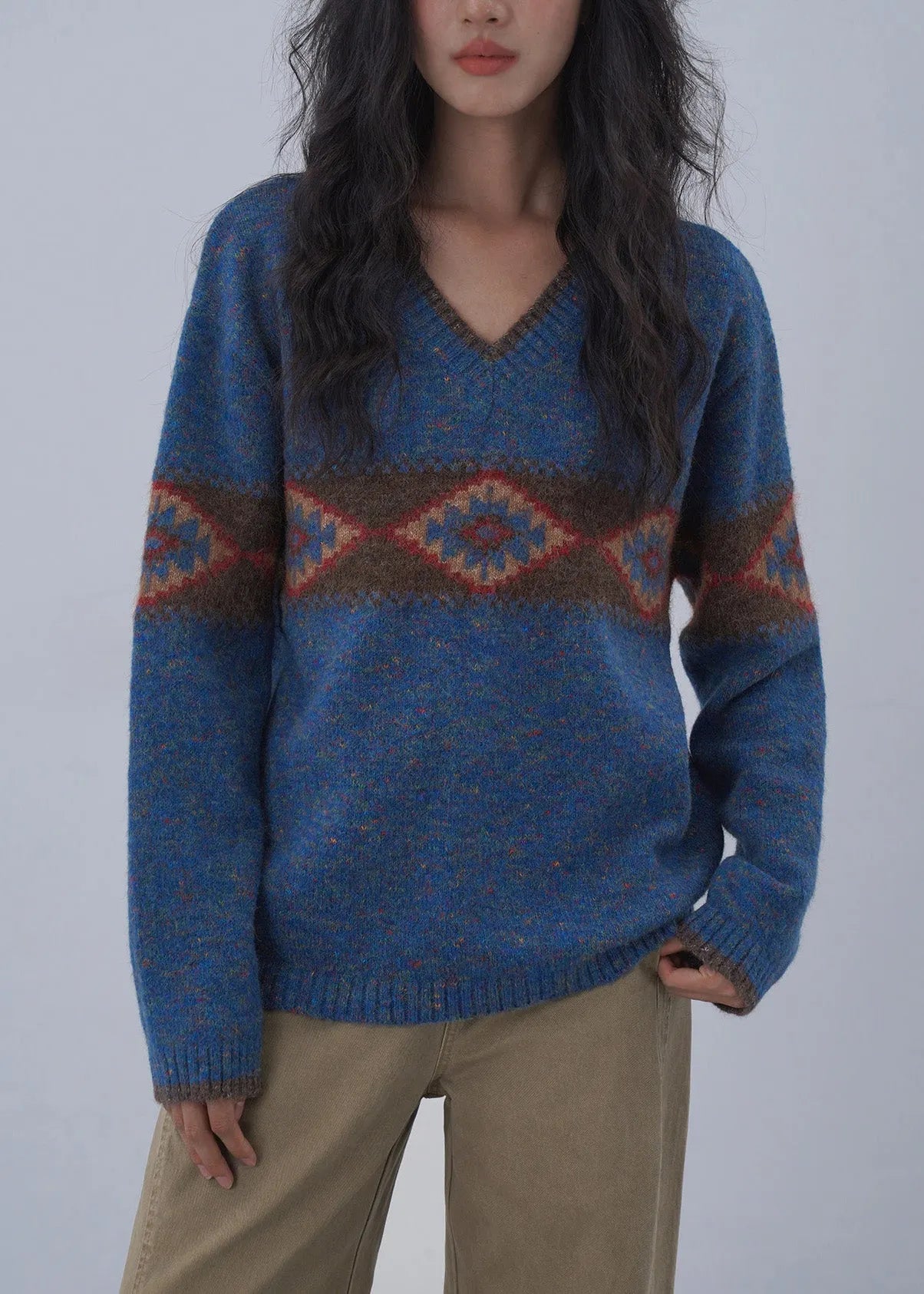 Italian Blue V Neck Jacquard Knitted Sweaters Tops Spring
