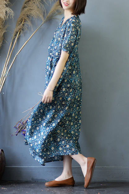 Summer Print Ramie Dress Short Sleeve Dress