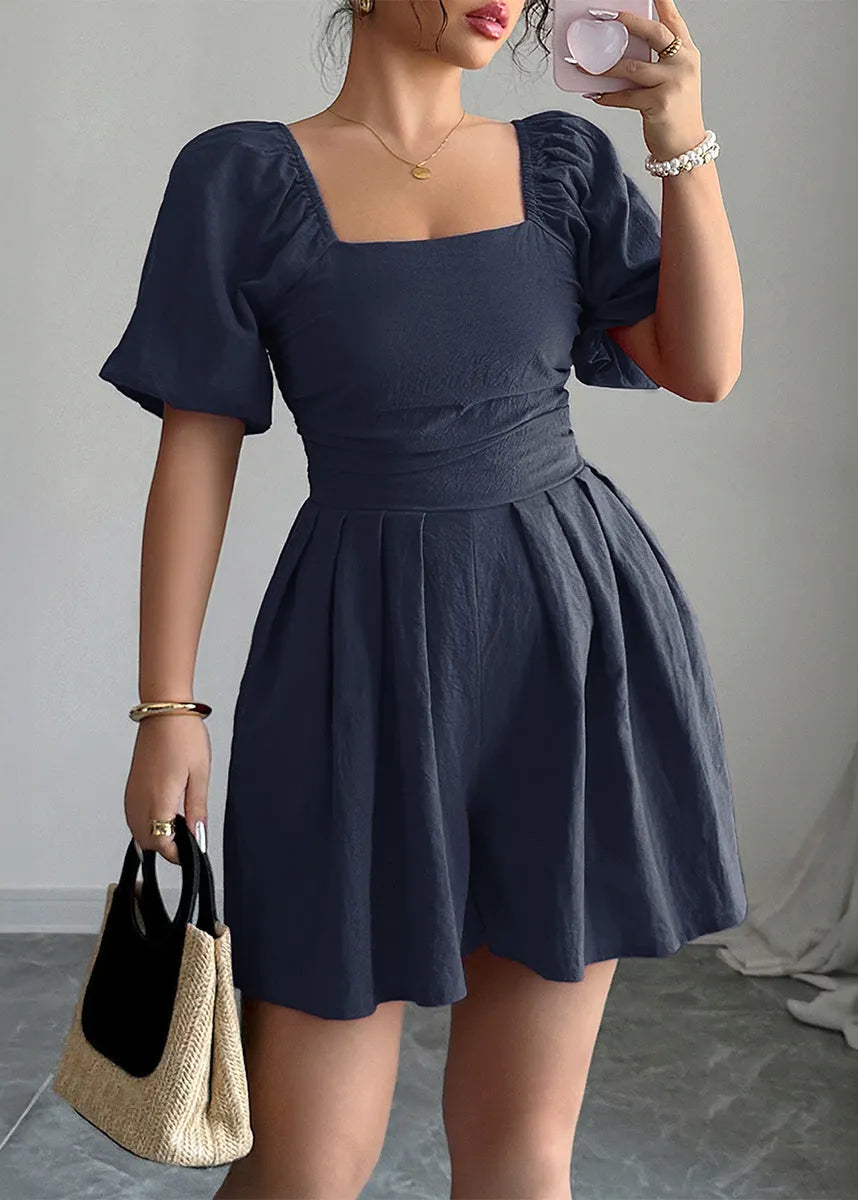 New Navy Square Collar Puff Sleeve Wrinkled Cotton Mid Dresses