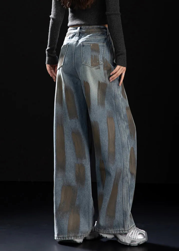 Navy Oversized Painting Warm Fleece Denim Pants Winter