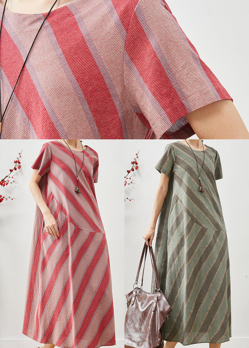 Green Striped Patchwork Cotton Long Dress Summer