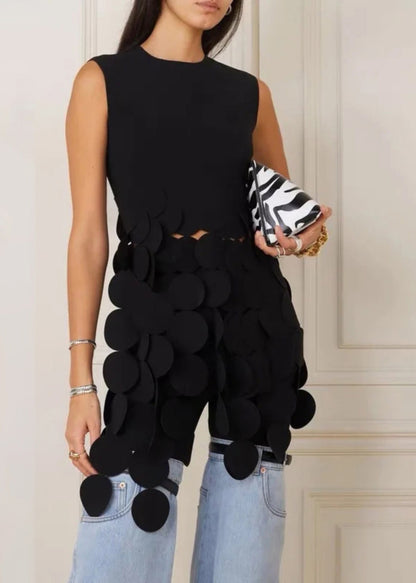 French Black O-neck Patchwork Planchet T Shirts Summer