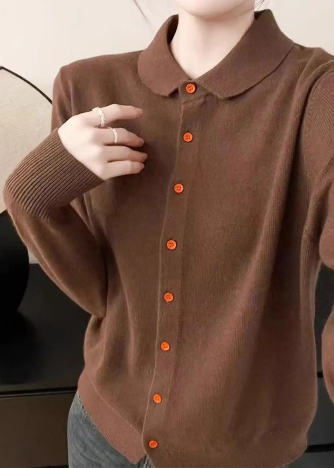 Handmade White Peter Pan Collar Pockets Cotton Knitted Cardigans Fall
