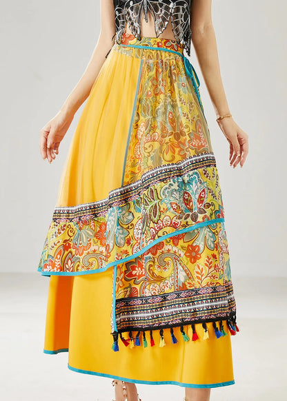 Yellow Tasseled Patchwork Tulle Skirt Summer