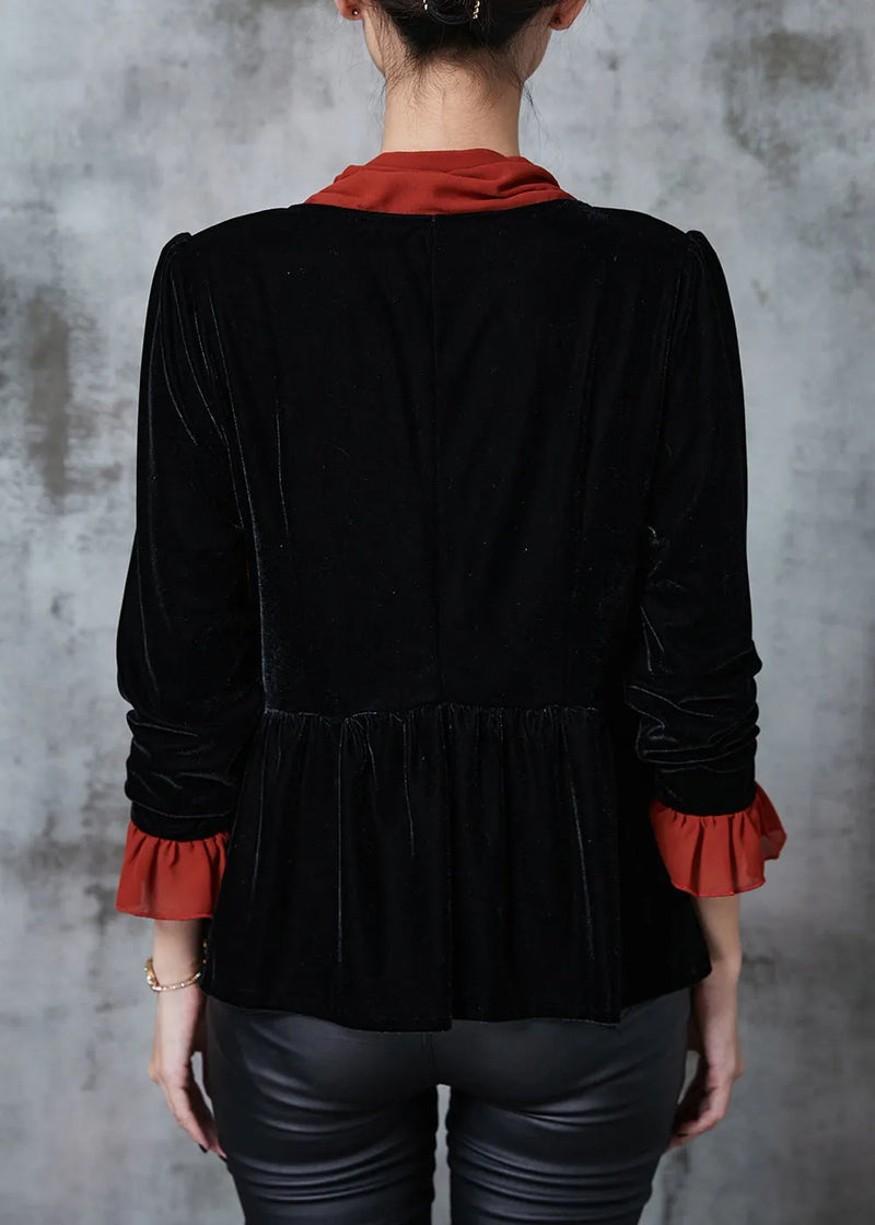 Black Silm Fit Patchwork Silk Velour Blouses Fall