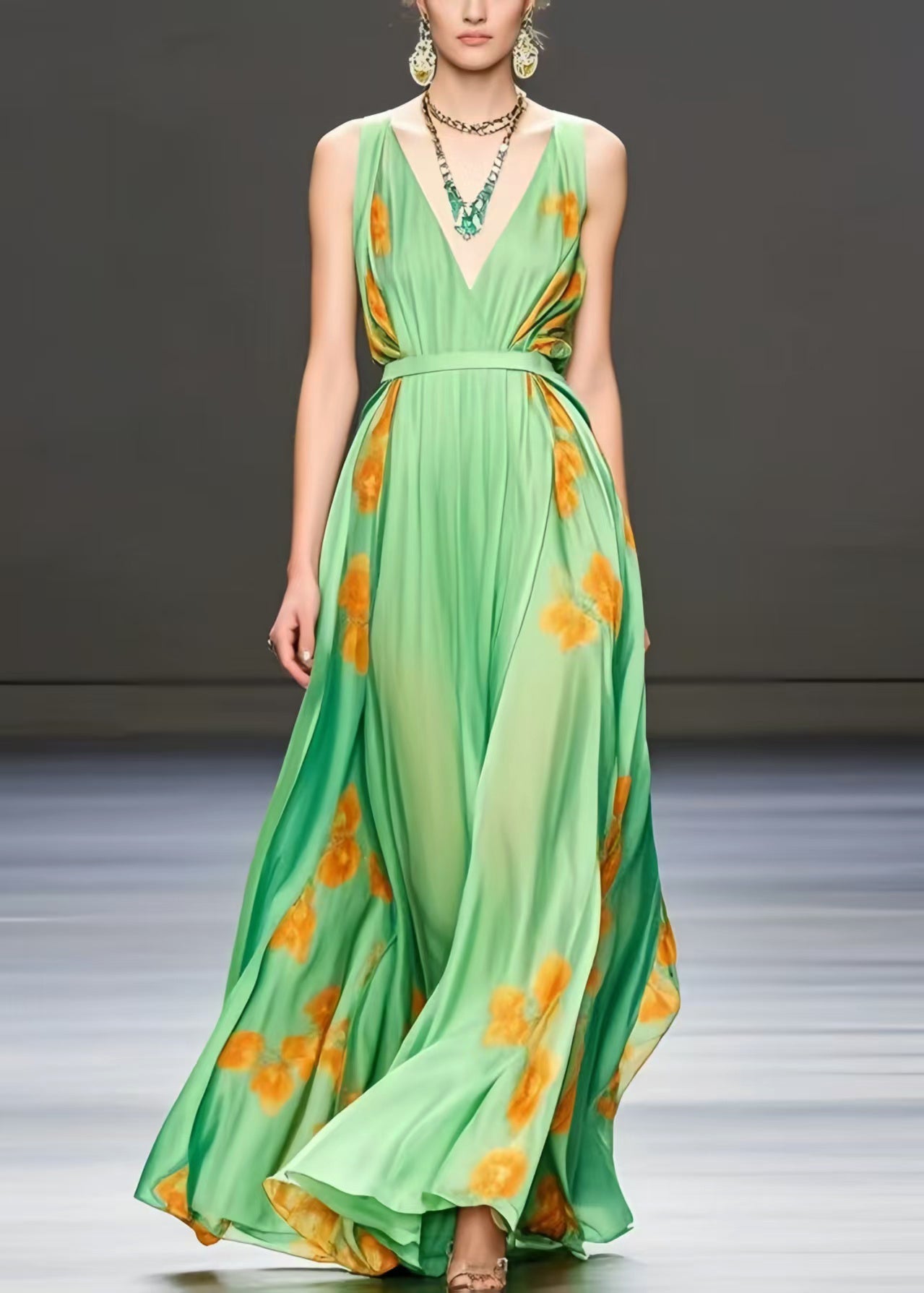 Light Green Print Exra Large Hem Silk Cami Dress Summer
