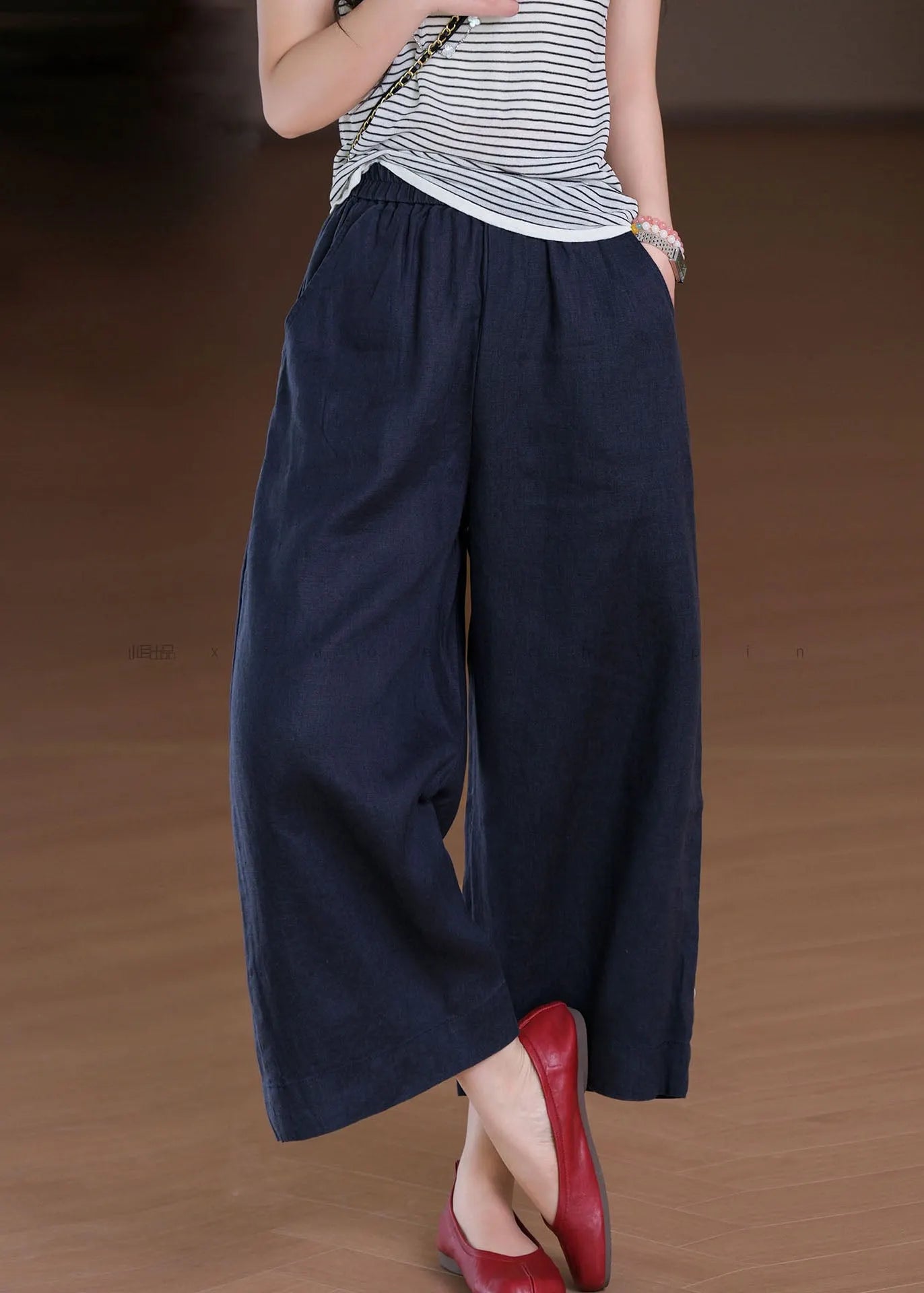 White Elastic Waist Pockets Linen Wide Leg Pants Summer