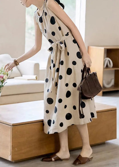 Khaki Dot Pockets Tie Waist Cotton Long Dress Sleeveless