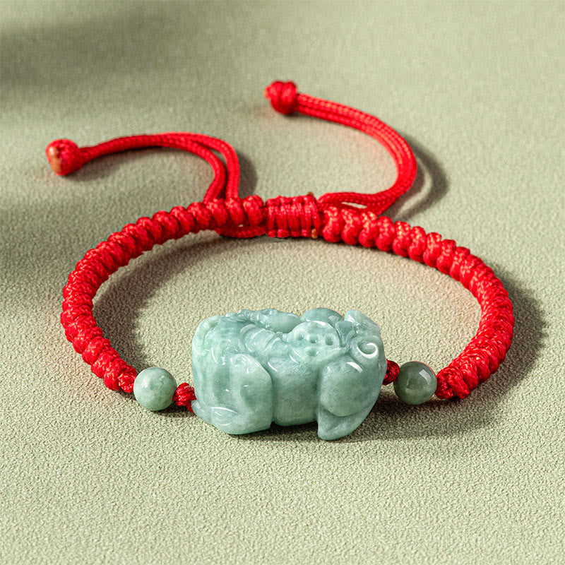 Buddha Stones Handmade Natural Jade Pixiu Protection King Kong Knot Braided String Bracelet